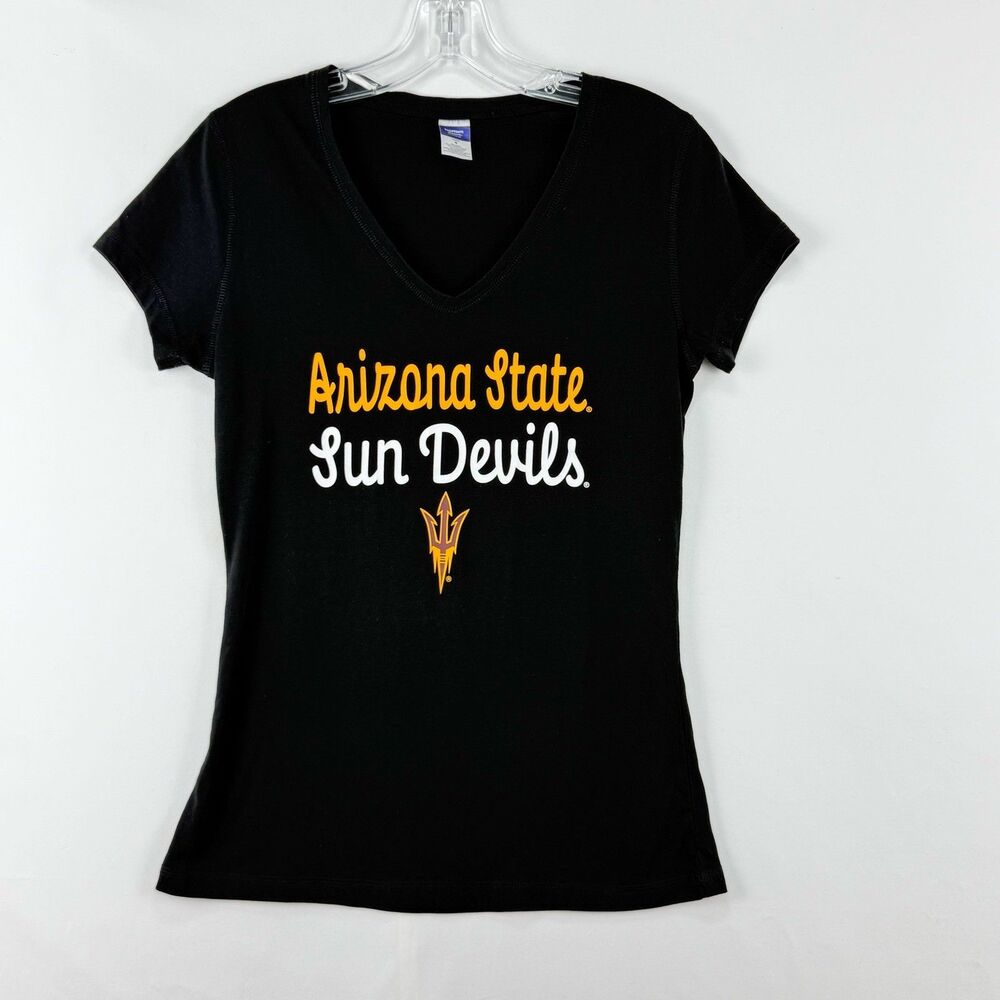 Arizona State Sun Devils Women's Black V-Neck T-Shirt Graphic Tee Size Small